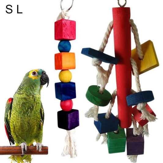 Pet Bird Parrot Wood Blocks Cotton Rope Cage Hanging Standing Play