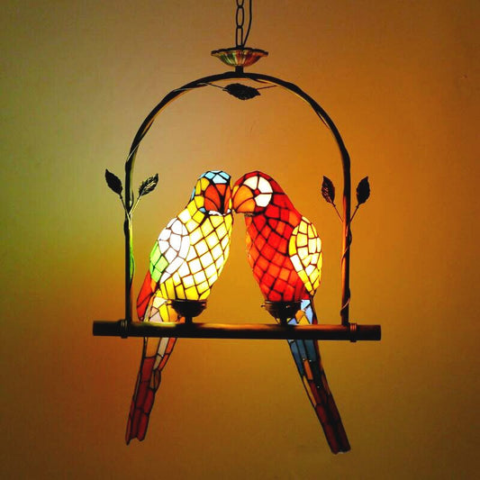 Tiffany Style Pendant Lights Glass Two headed Parrot Living Room Decor